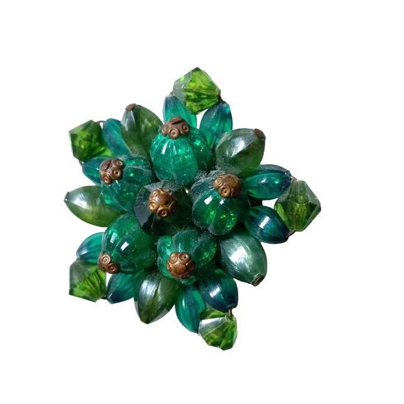 Vintage Green Cluster Brooch Signed Bronze Tone Beaded VTG - Picture 3 of 13